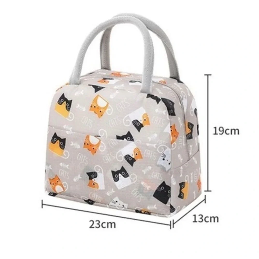 Cat Print Insulated Lunch‎ Bag Gray Kawaii Cute New